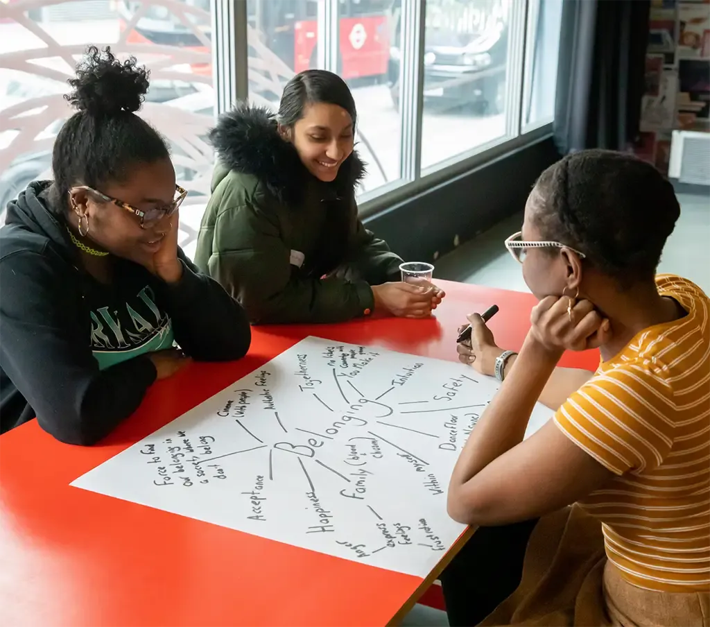 Three women gathered around a table with a handwritten mind map about belonging.